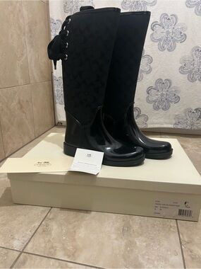 Coach Tristee Black Signature Knee High Rain Boots with Black Ribbon